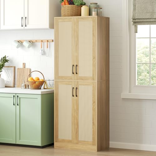 67" Tall Oak Rattan Storage Cabinet with Doors and Adjustable Shelves A70354