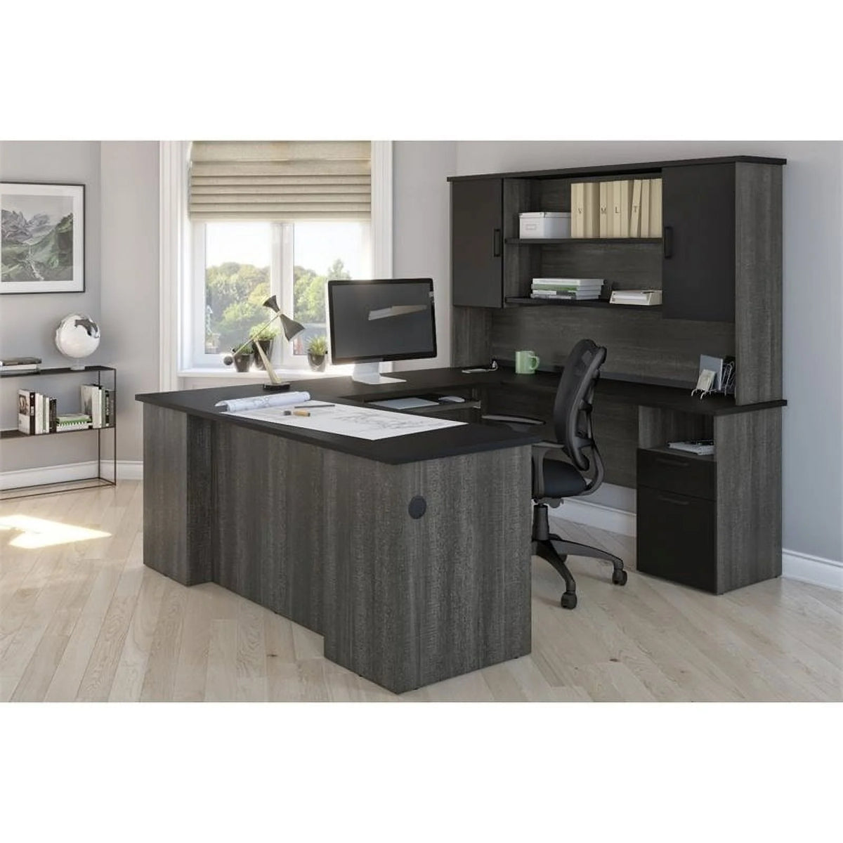 Black Bark Gray U Shaped Wood Computer Desk L446612