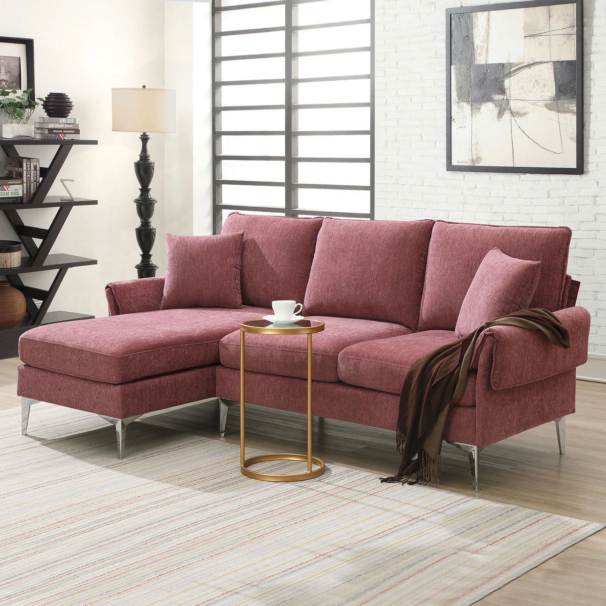 Dark Pink L-Shaped Convertible Sectional Sofa with Reversible Chaise Lounge A613601