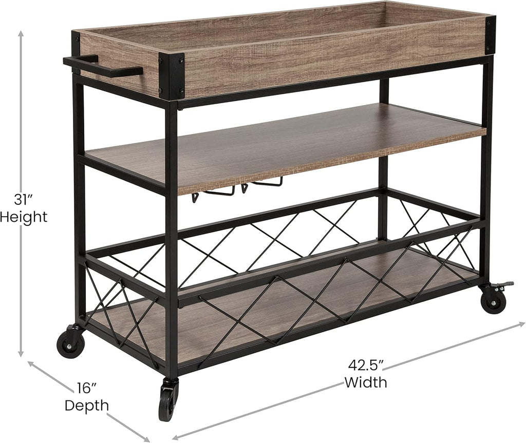 Distressed Wood Kitchen Bar Cart with Storage Rack and Shelf C4015