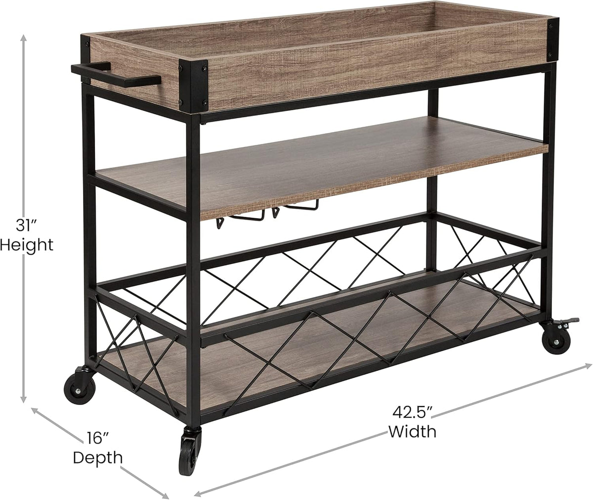 Distressed Wood Kitchen Bar Cart with Storage Rack and Shelf C4015