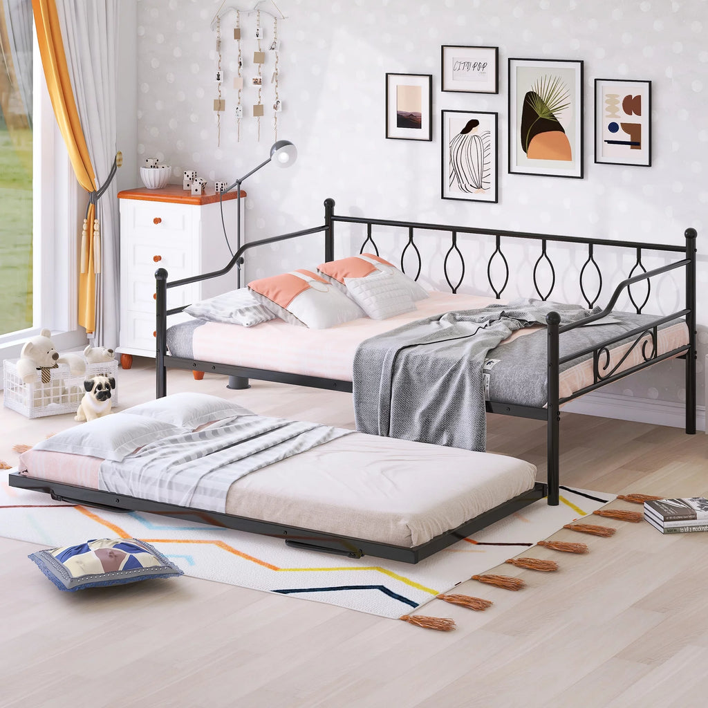 Full Size Black Metal Daybed with Twin Size Adjustable Trundle B65036