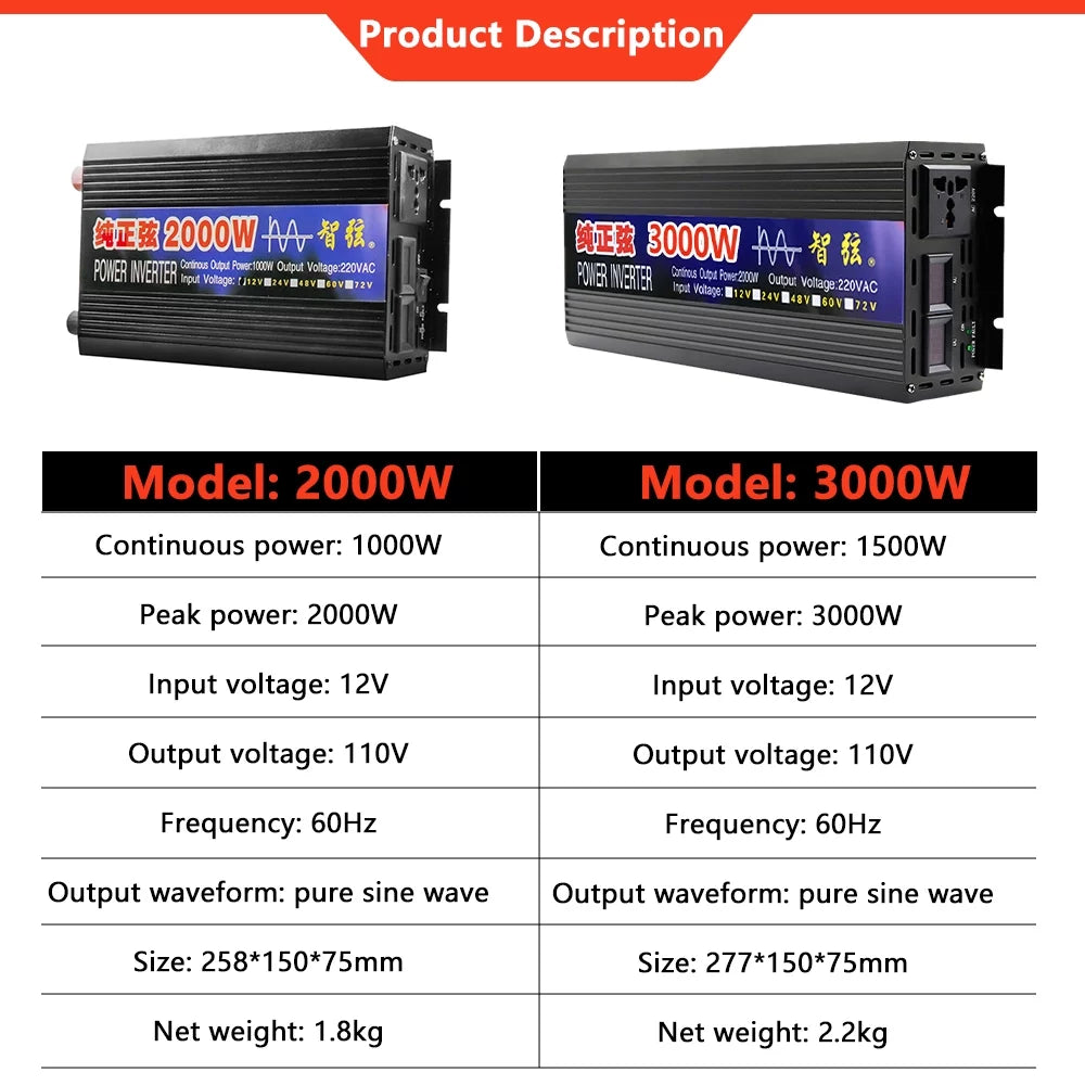 2000 Watts Pure Sine Wave Power Inverter DC 12V to AC 110V with LED Display G8836
