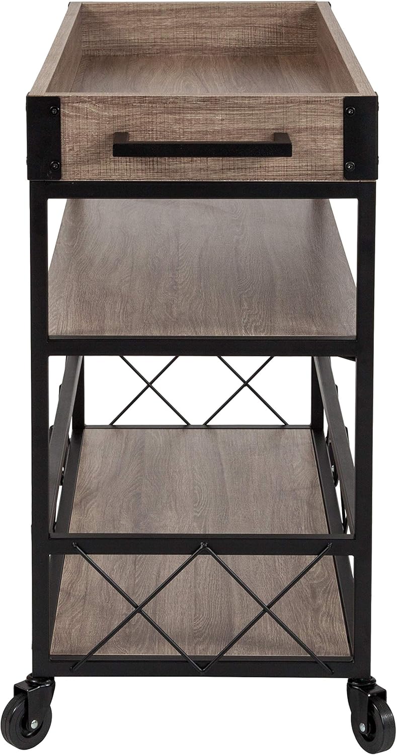Distressed Wood Kitchen Bar Cart with Storage Rack and Shelf C4015