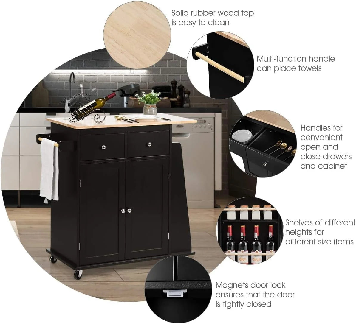 Black Wooden Kitchen Utility Cart with 2 Drawers I9661