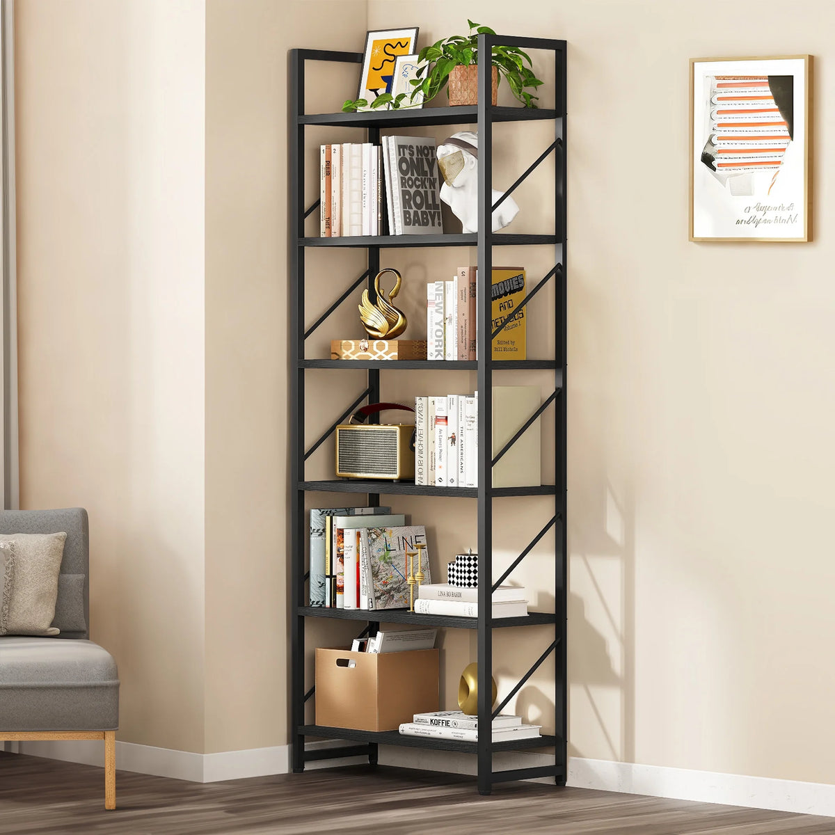 Black 6 Tiers Ladder Bookshelf T808
