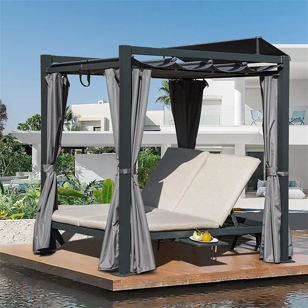 Aluminum Outdoor Patio Retractable Canopy Bed with Beige Cushion T3788