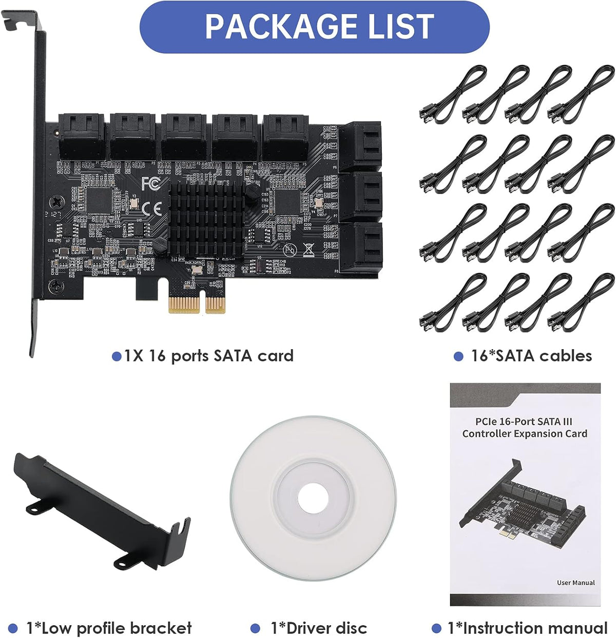 1X PCIE SATA Card 16 Ports with 16 SATA Cables L364