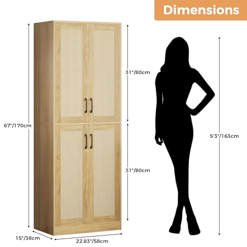 67" Tall Oak Rattan Storage Cabinet with Doors and Adjustable Shelves A70354