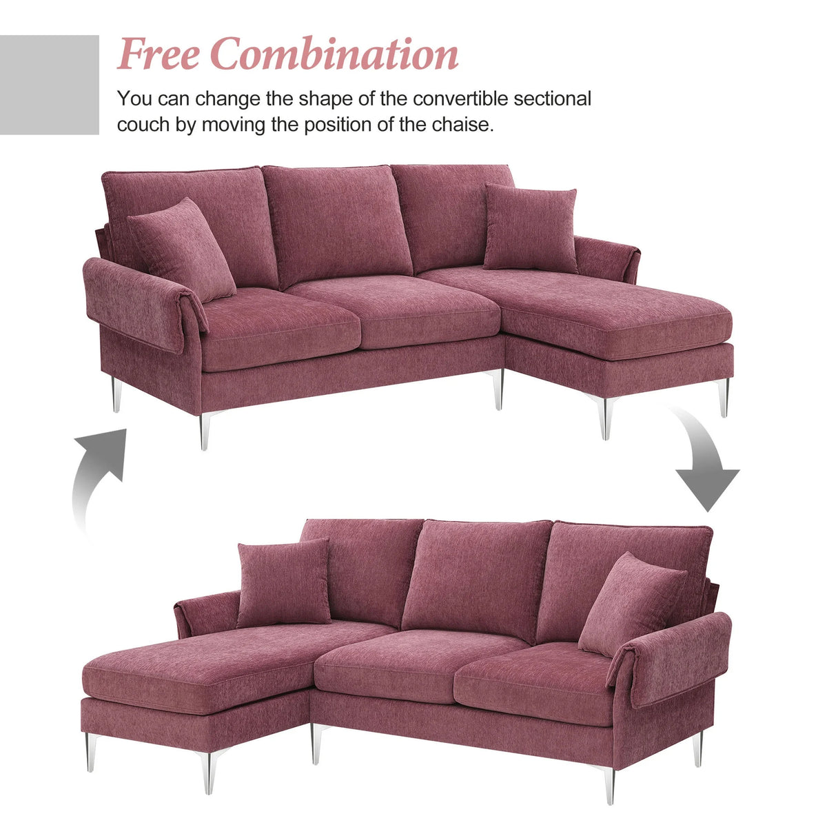 Dark Pink L-Shaped Convertible Sectional Sofa with Reversible Chaise Lounge A613601