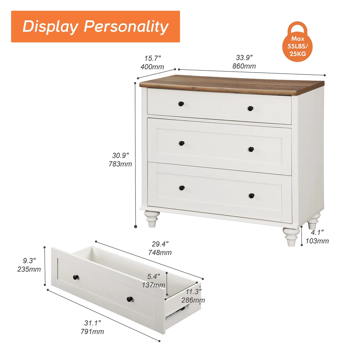 White 3 Drawer Wood Dresser H380291