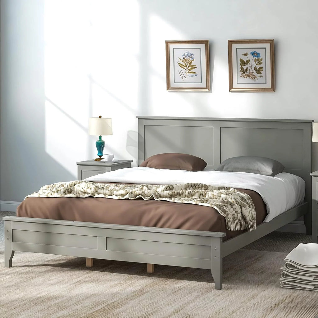 Pine Queen Size Solid Wood Platform Bed Frame with Headboard O52514