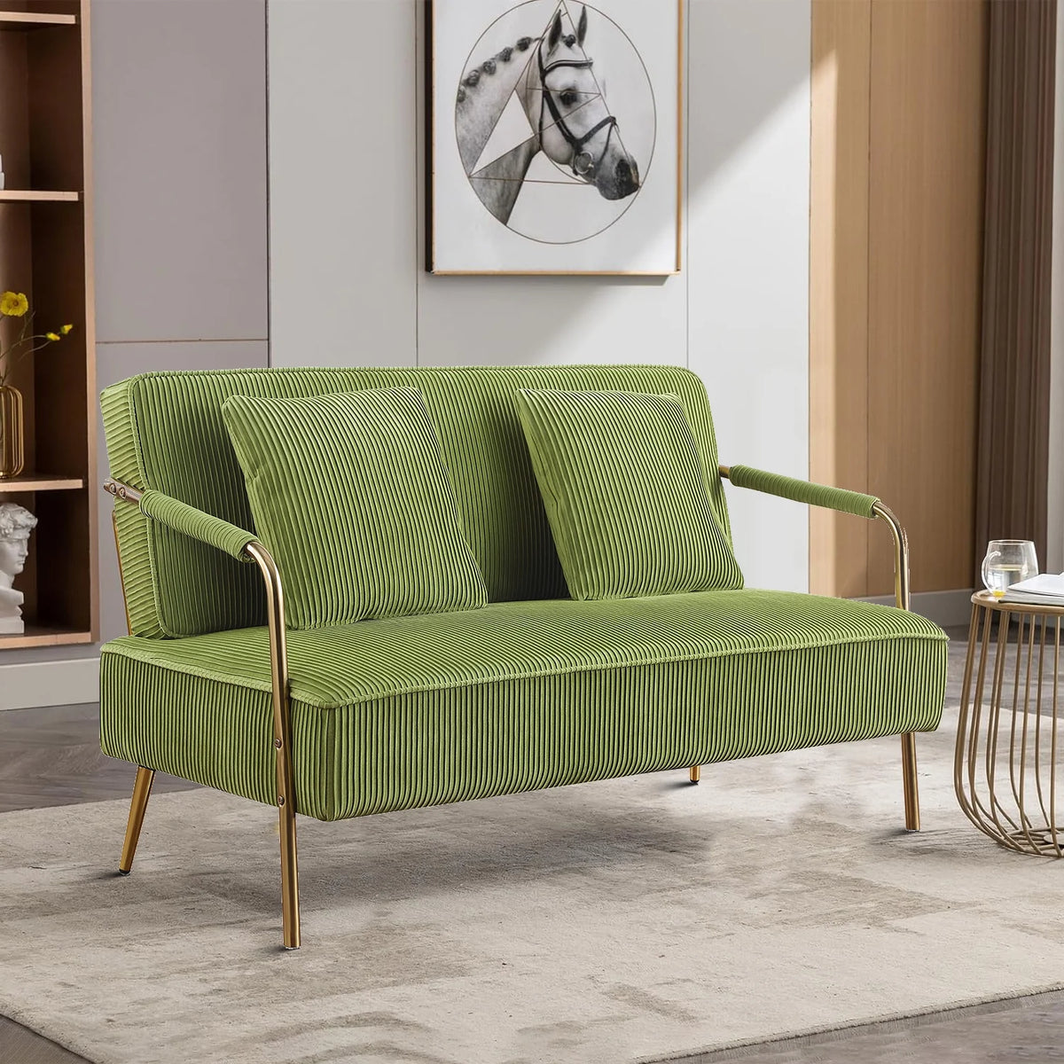 Olive Green Velvet Upholstered Loveseat Sofa with 2 Pillows K7574
