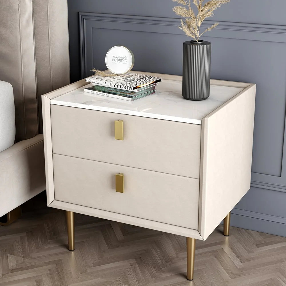 Modern 2 Drawers PU Leather Nightstand with Gold Metal Legs Q499300
