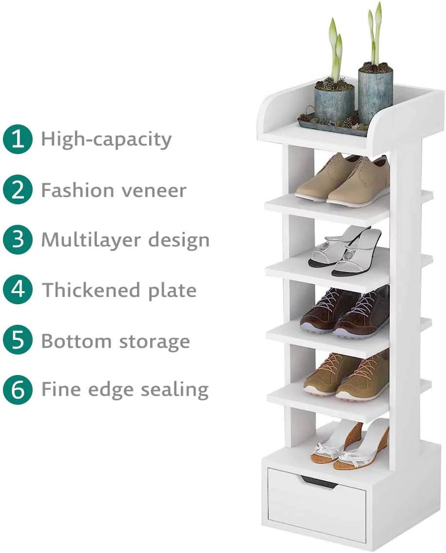 6-Tier White Wooden Shoe Rack with Storage Drawer H400