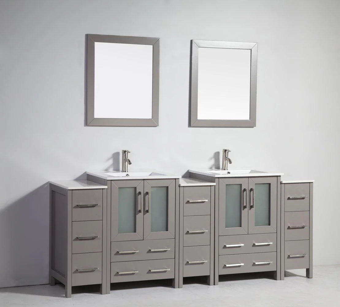 84 in. Grey Double Sink Ceramic Vanity Cabinet with Mirror V799
