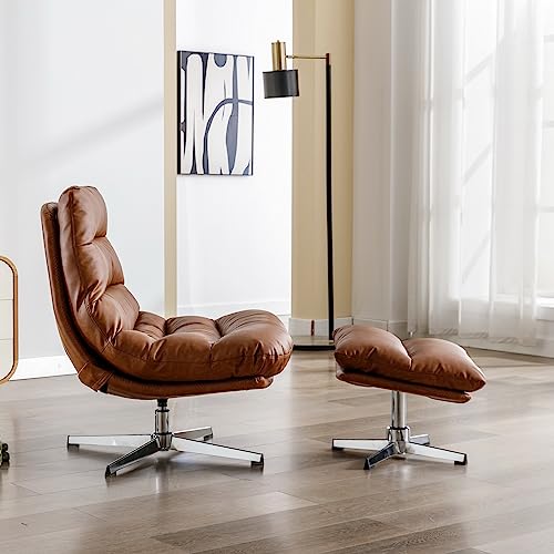 Cream Linen Swivel Accent Chair with Ottoman Q4315