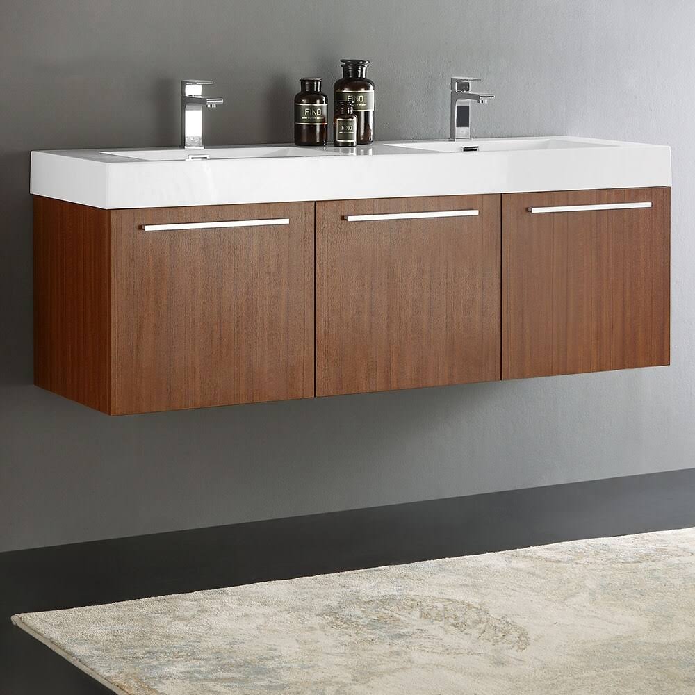 60 inch Walnut Wall Hung Double Sink Bathroom Cabinet V3508