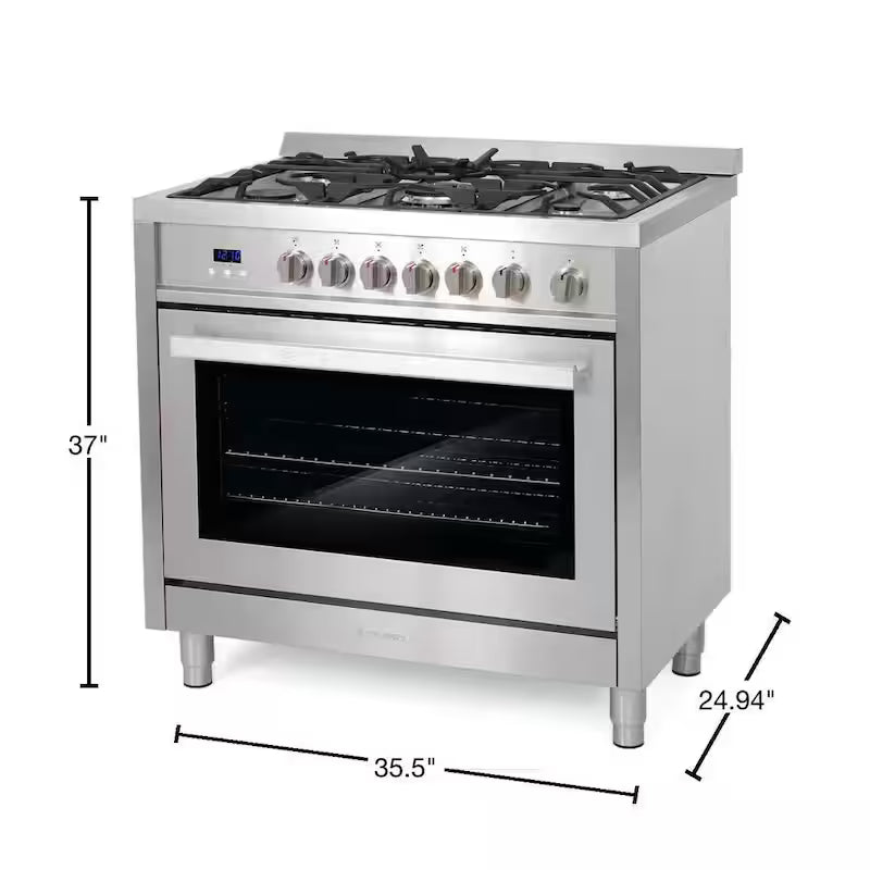 36 in. 3.8 cu. ft. Gas Range with 5 Burner Cooktop and Cast Iron Grates in Stainless Steel T7195