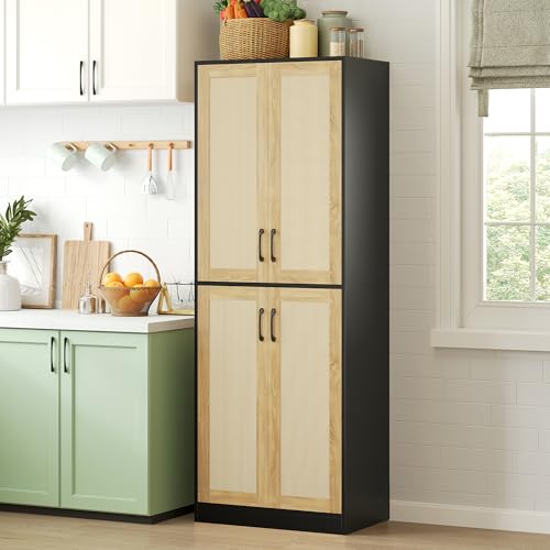 67" Tall Oak Rattan Storage Cabinet with Doors and Adjustable Shelves A70354