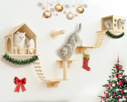 9pc Wooden Cat Wall Shelves with Condo Houses Perches Ladders and Scratching Posts H486