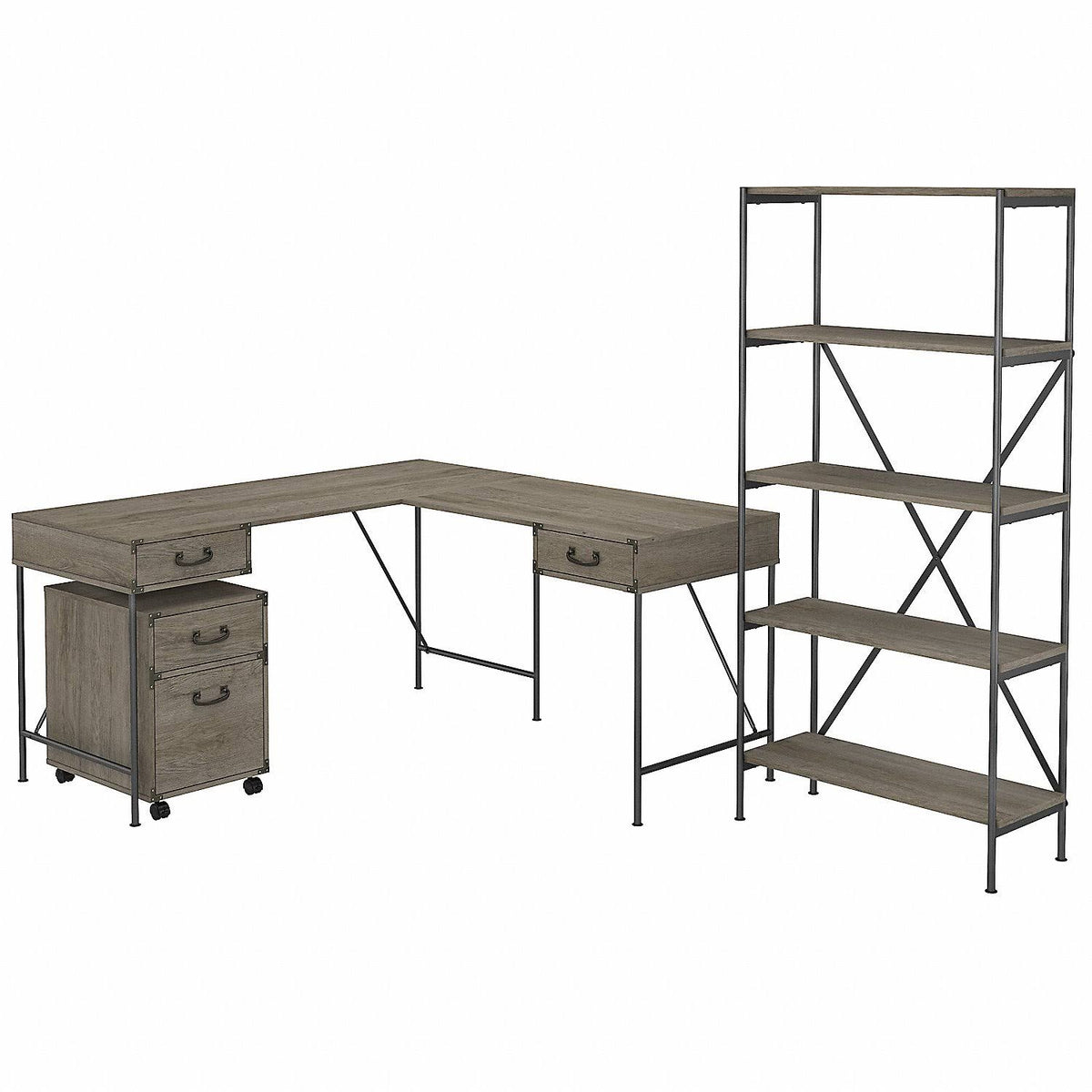 Gray L Shaped Writing Desk with File Cabinet and Bookcase H6974