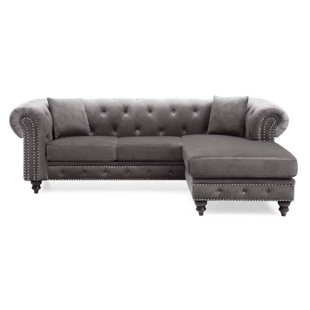 Dark Gray Velvet L-Shape 3-Seater Sofa with 2-Throw Pillow R74368