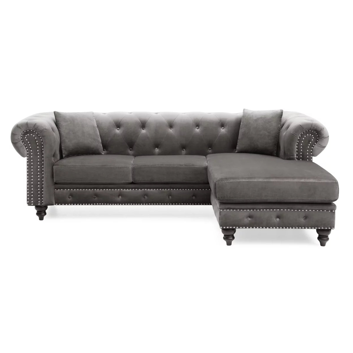 Dark Gray Velvet L-Shape 3-Seater Sofa with 2-Throw Pillow R74368