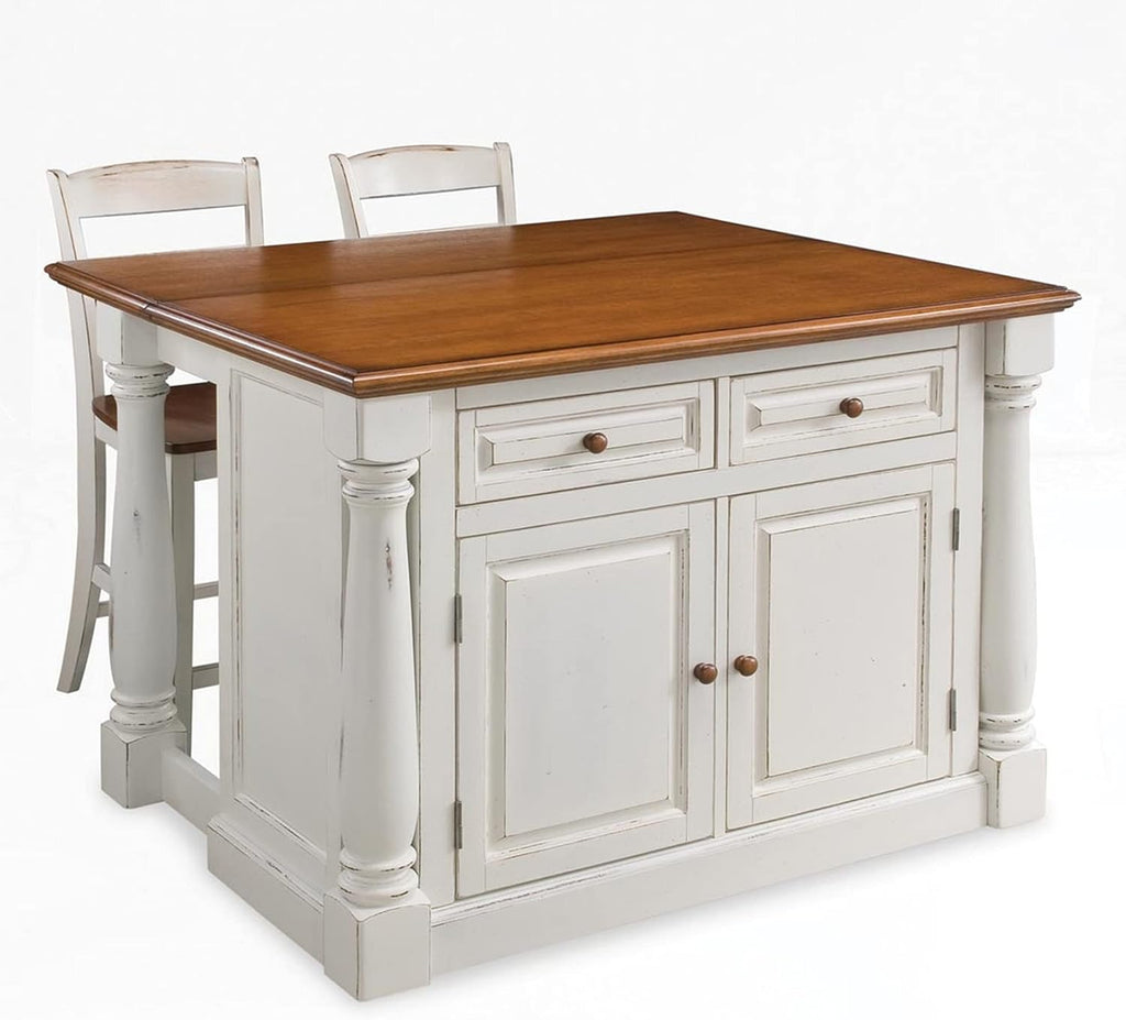 Antique White Kitchen Island with Wood Top and Drop Leaf Breakfast Bar S572935