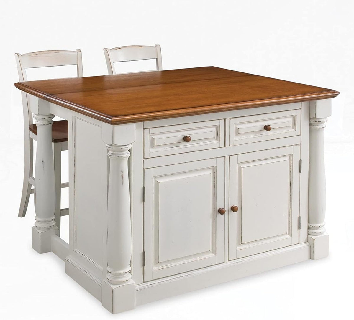 Antique White Kitchen Island with Wood Top and Drop Leaf Breakfast Bar S572935