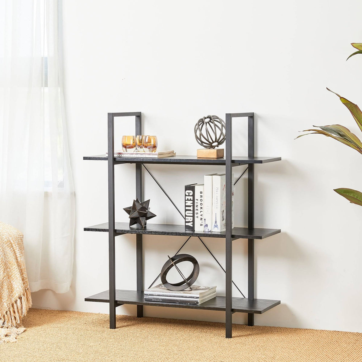 Black Wood Metal 3-Tier Bookcase U141211