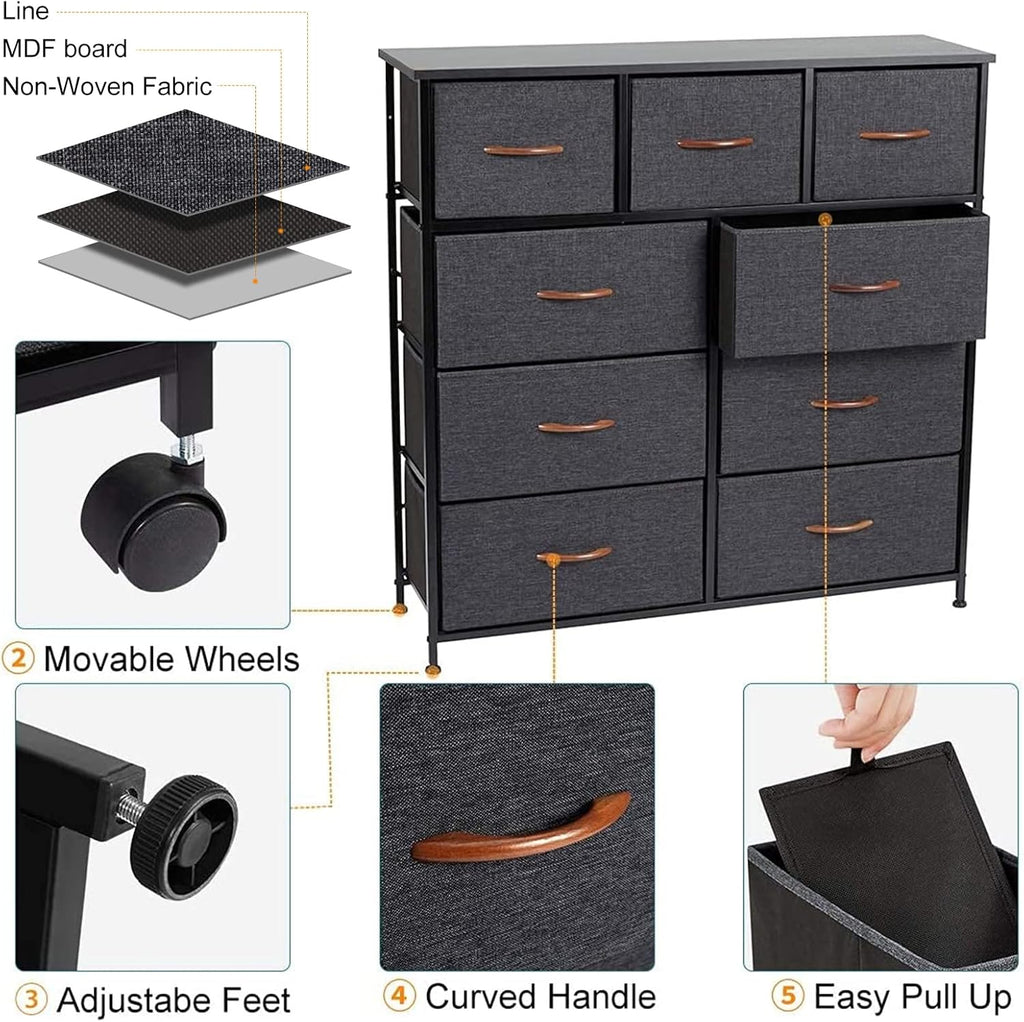 9 Drawer Dresser with Steel Frame and Wooden Top Y324330