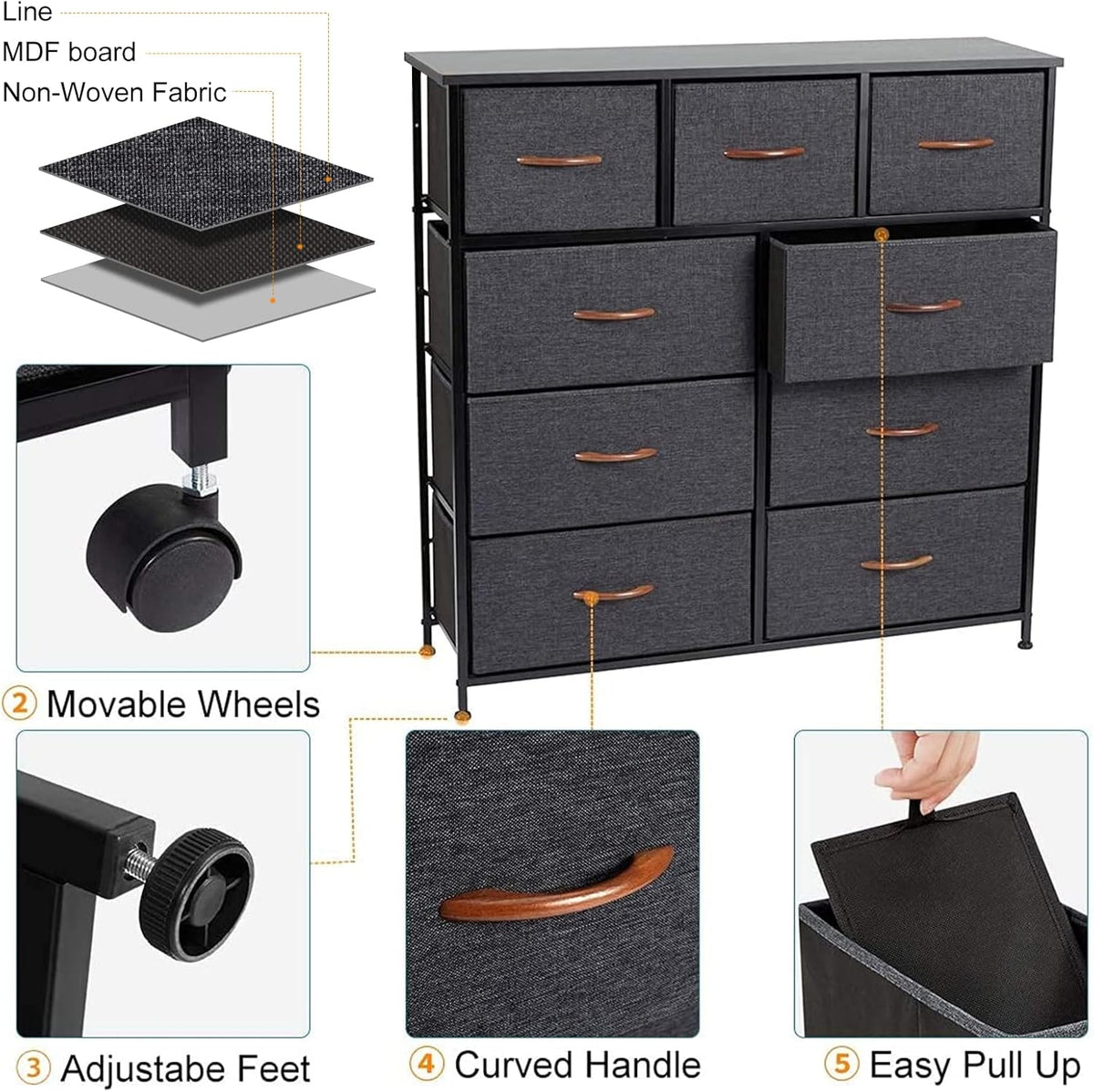 9 Drawer Dresser with Steel Frame and Wooden Top Y324330