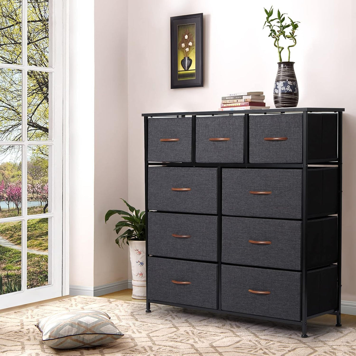 9 Drawer Dresser with Steel Frame and Wooden Top Y324330