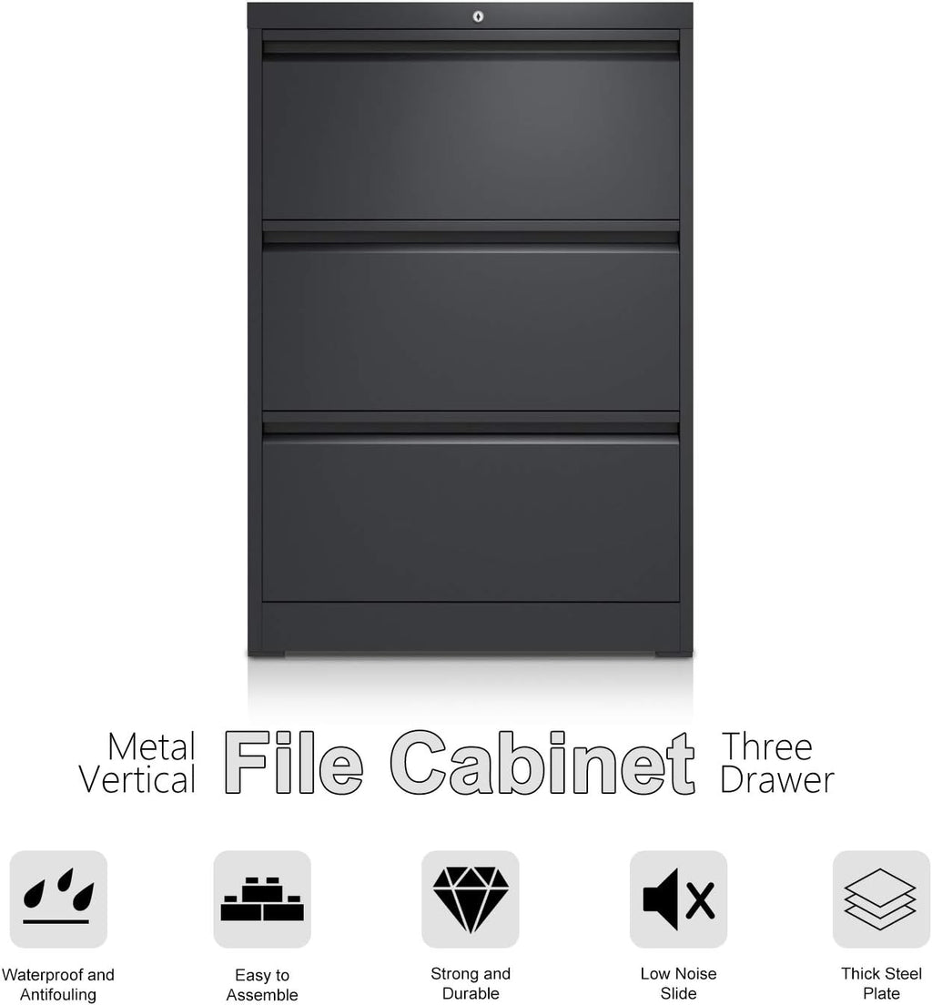 3 Drawer Black Metal Lateral File Cabinet with Lock J1775