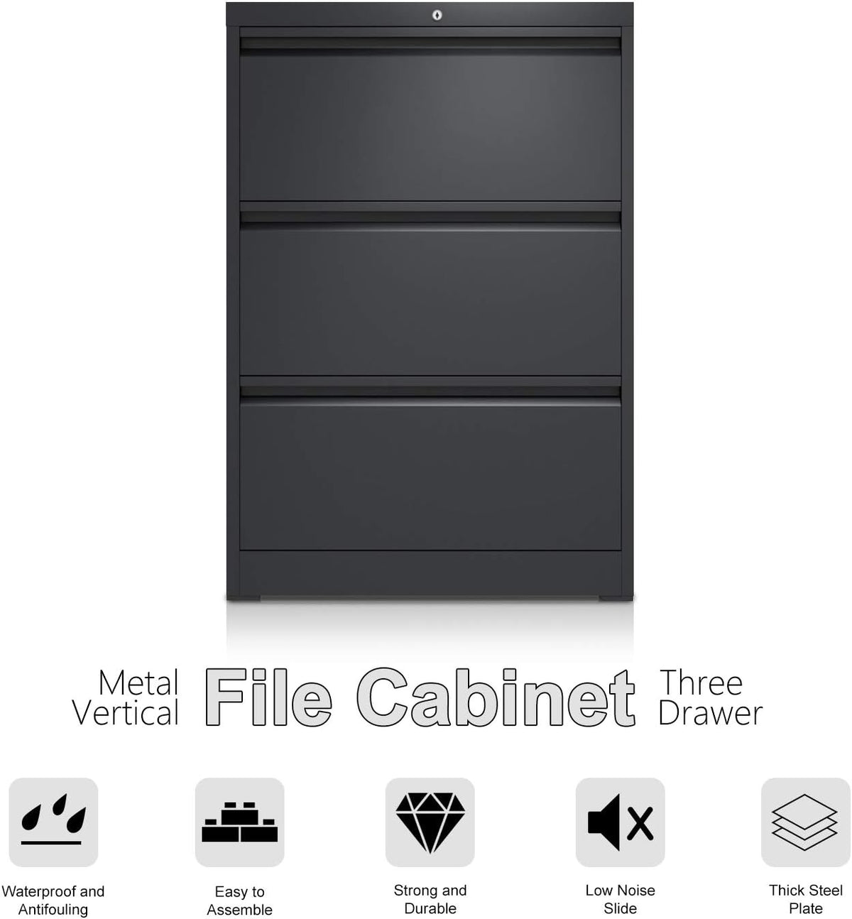 3 Drawer Black Metal Lateral File Cabinet with Lock J1775