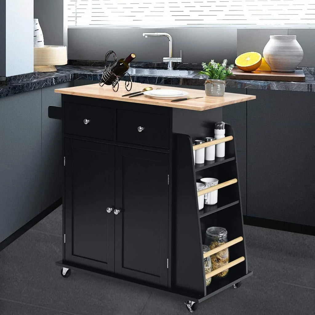 Black Wooden Kitchen Utility Cart with 2 Drawers I9661