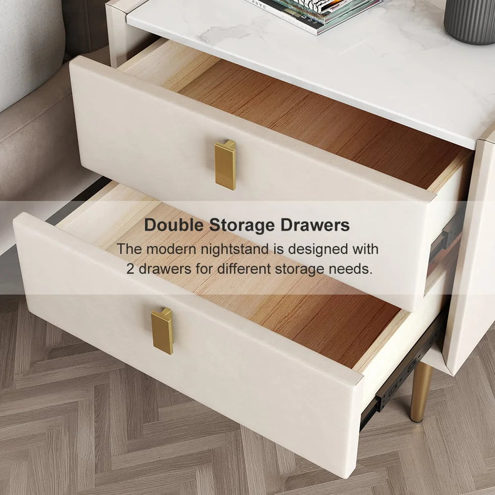 Modern 2 Drawers PU Leather Nightstand with Gold Metal Legs Q499300
