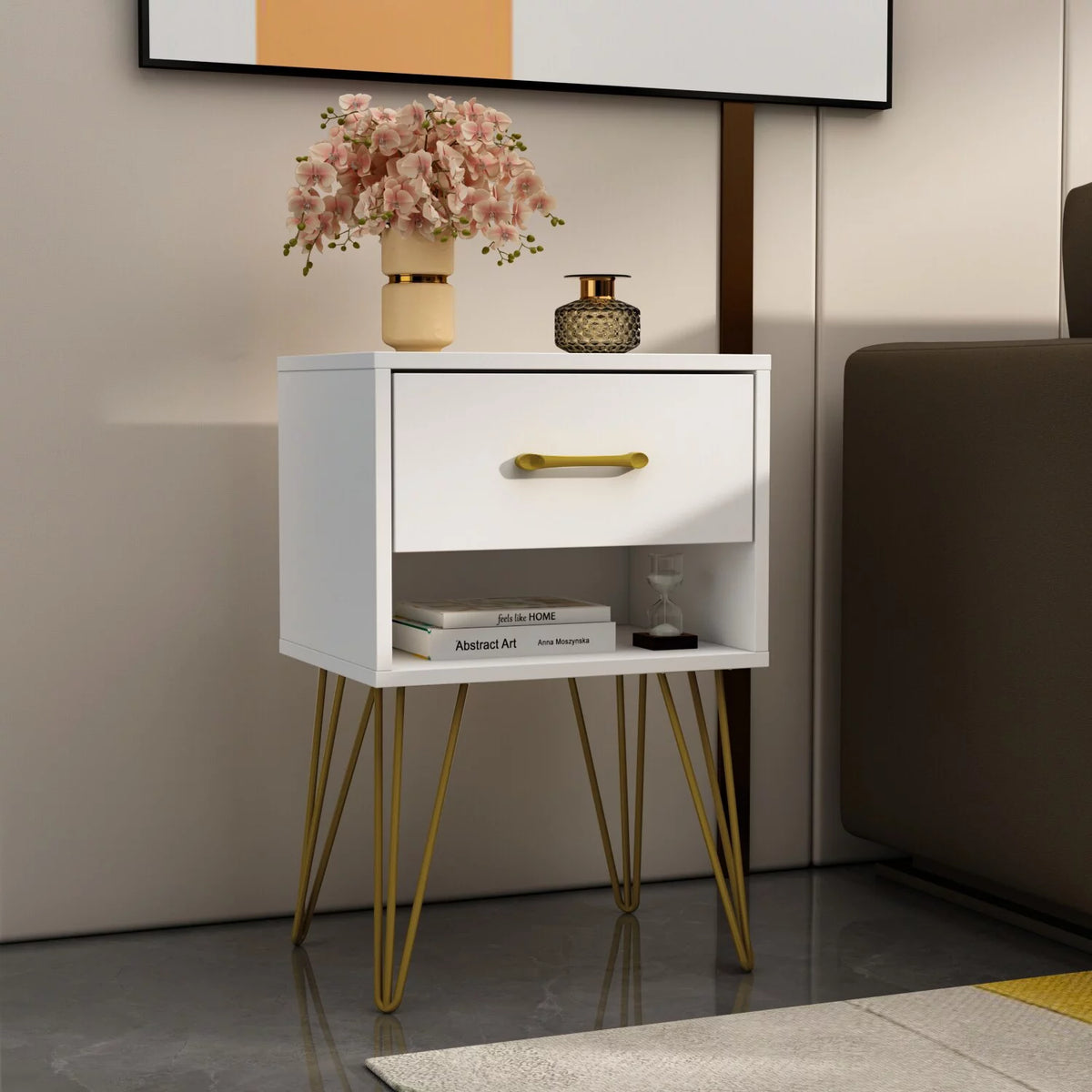 Black 1 Drawer Wood Nightstand with Metal Legs N272950