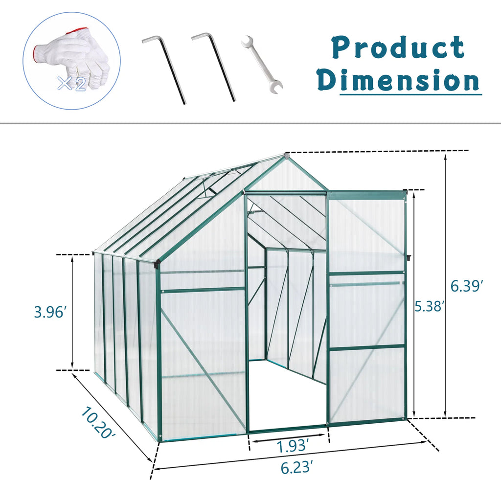 6' x 10' Aluminum Polycarbonate Greenhouse I325