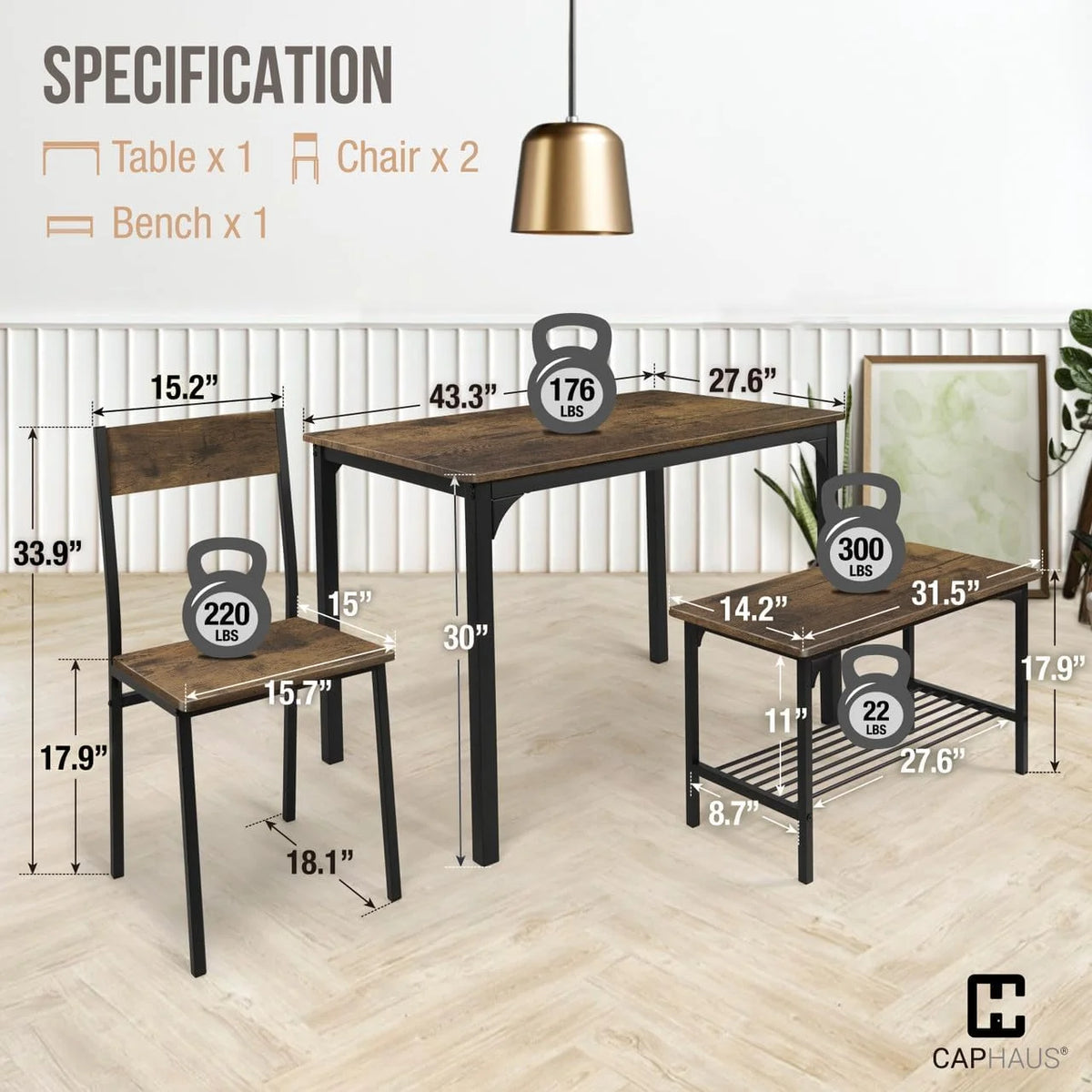 4 Pieces Dining Table Set with Bench and Chairs Y268494