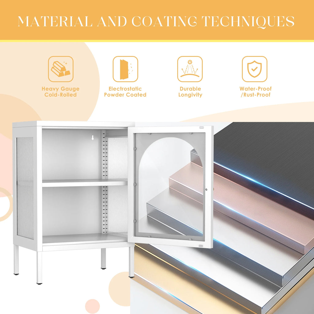 White Metal Buffet Storage Cabinet with Glass Doors K936508