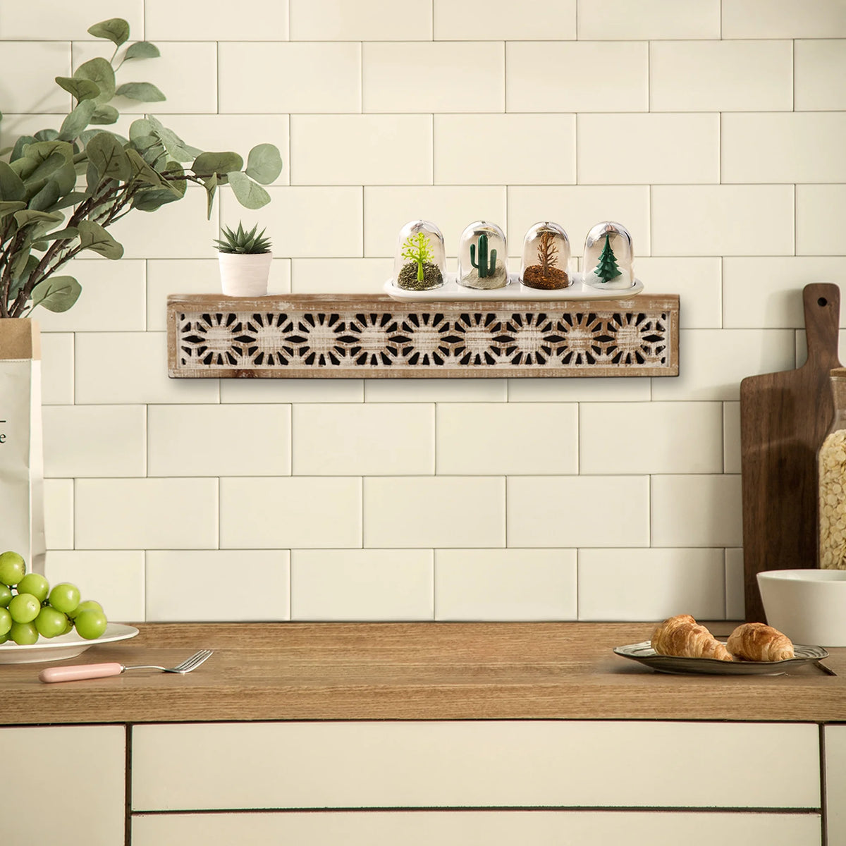 Hand-Carved Wooden Floral-Patterned Floating Wall Shelf X672473