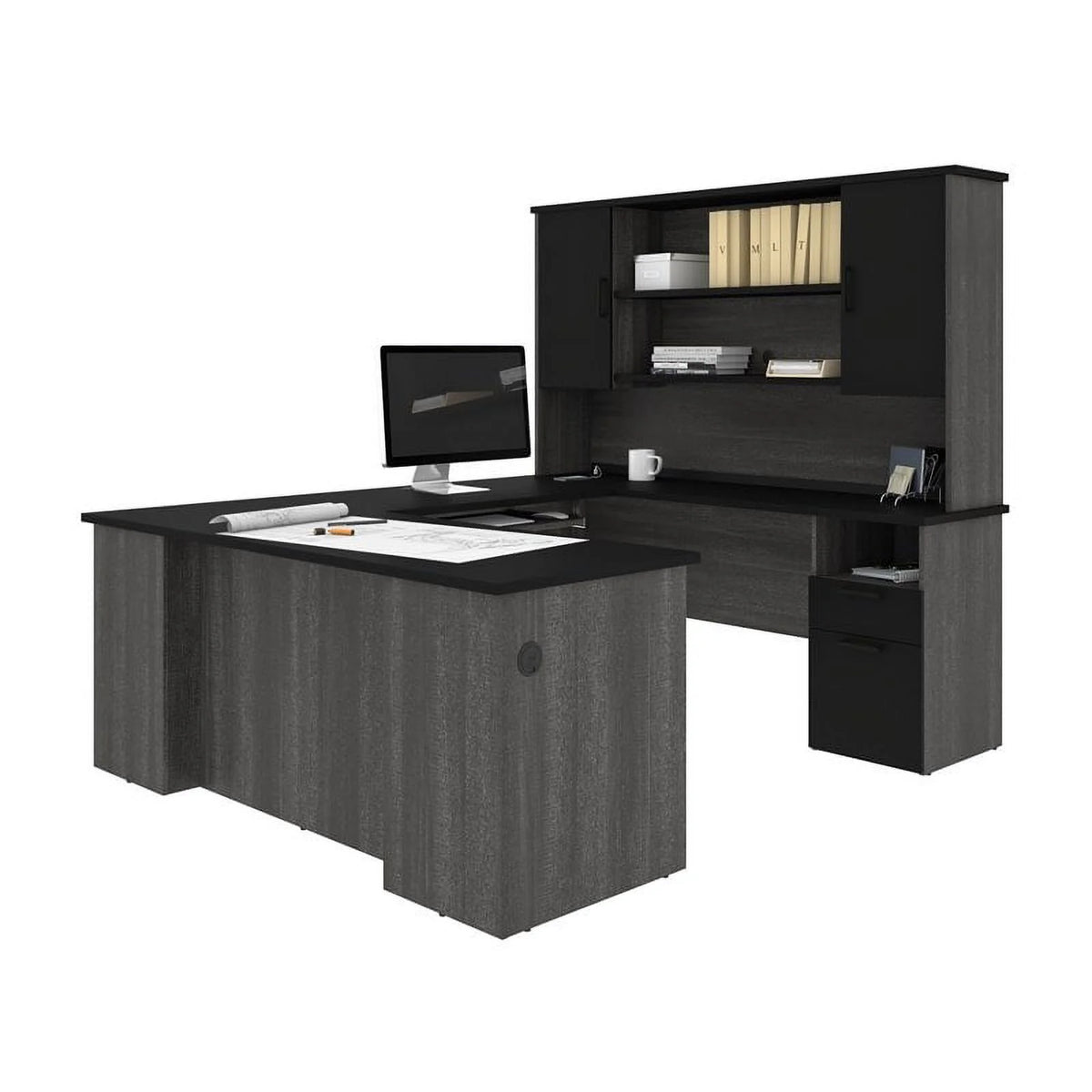 Black Bark Gray U Shaped Wood Computer Desk L446612