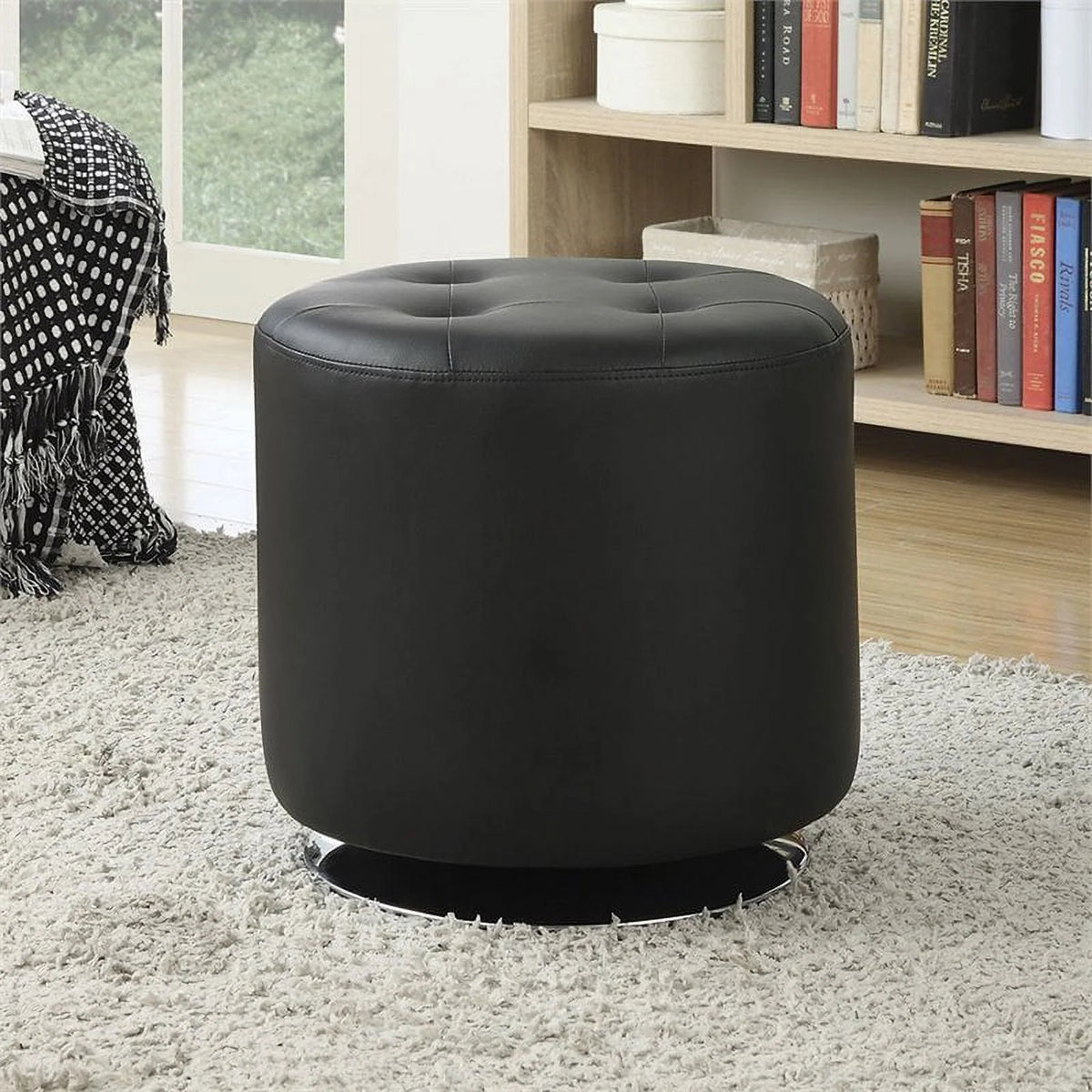 Black Faux Leather Tufted Swivel Ottoman D37323