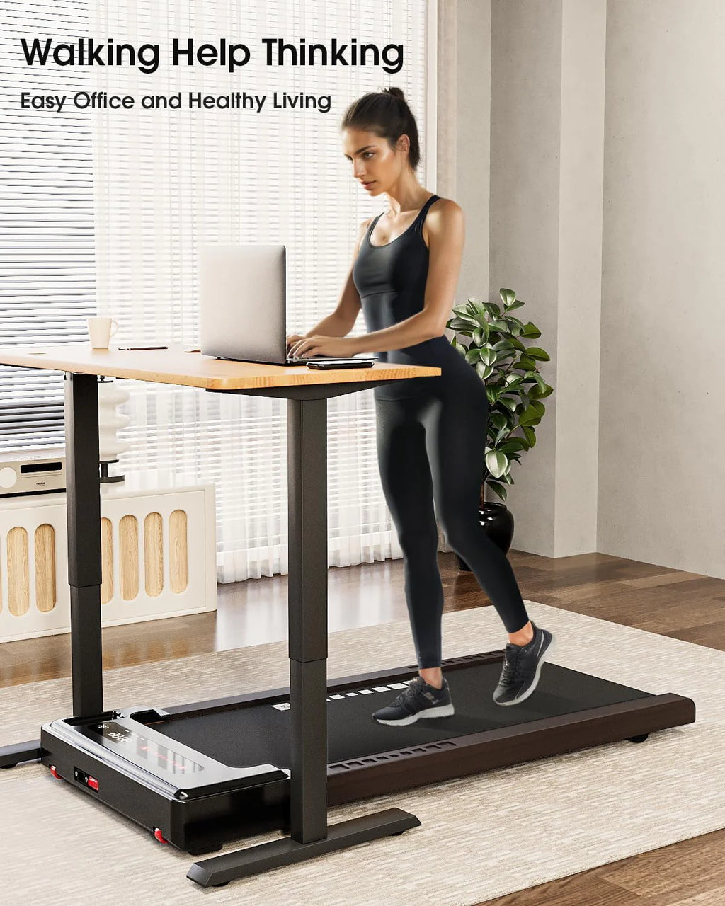 Under Desk Treadmill, Brown Wood Electric Treadmill with Remote Control W99856