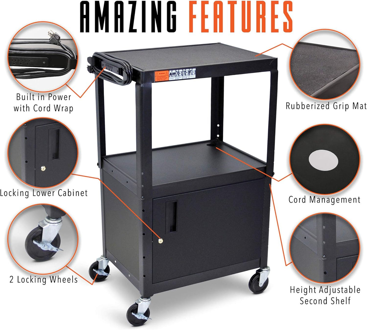 Black Height Adjustable AV Cart with Locking Cabinet X572