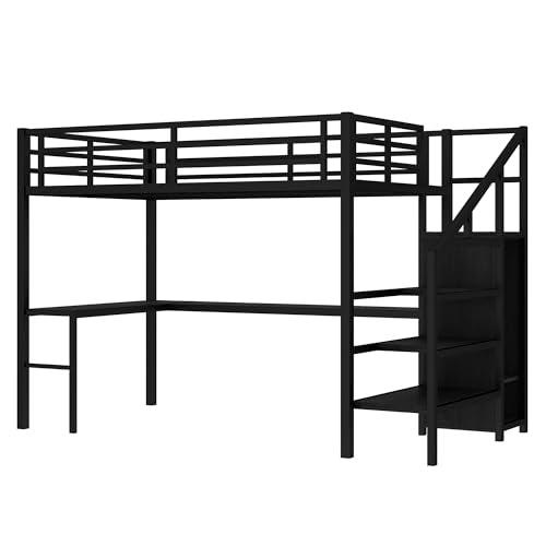 Black Full Loft Bed with L-shaped Desk, USB, Wardrobe & Stairs Z8500