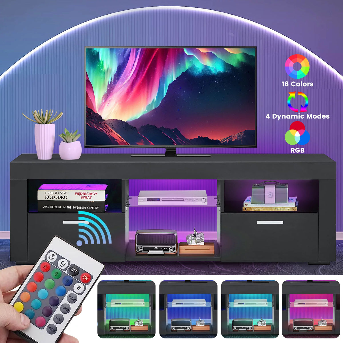 Black High Glossy TV Stand with LED Lights and Storage Shelves J88039
