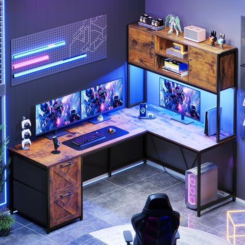 Black L Shaped Computer Desk with Fabric Drawers and Power Outlet Y38168